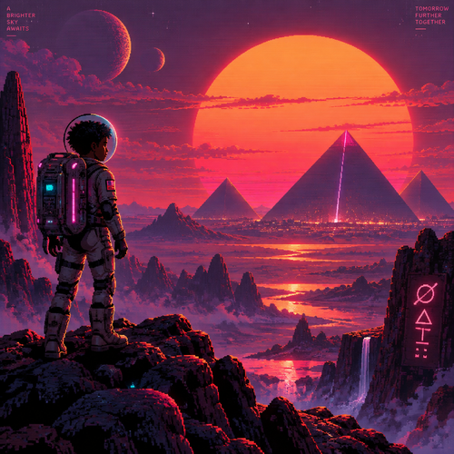 Make an image of a young teen astronaut with brown skin on an alien world standing on a mountain looking at pyramids off in the distance. The setting sun is huge