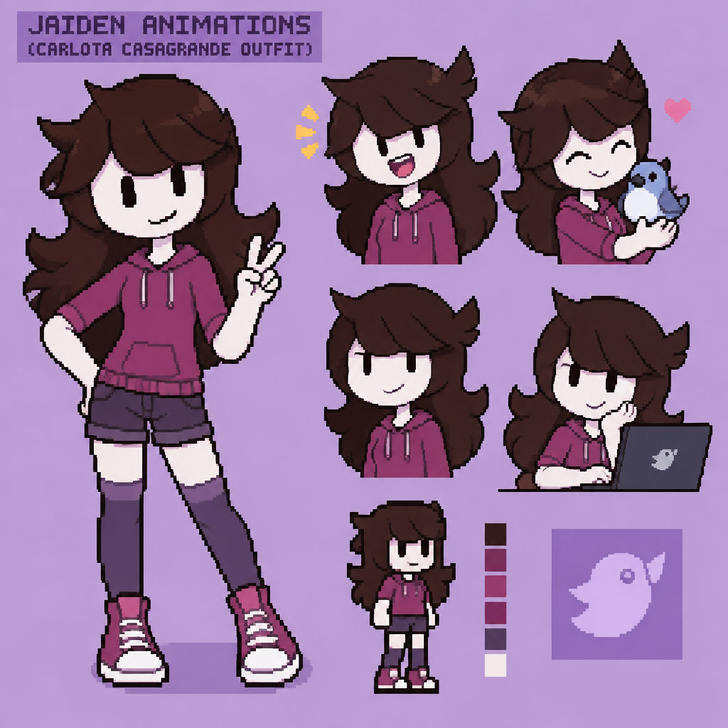 Jaiden animations, but wearing the outfit of the character Carlota casagrande from the series The Casagrandes Nickelodeon