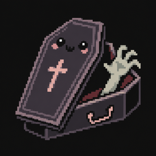 Cute kawaii coffin with hand creeping out. 
