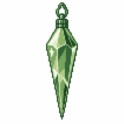 A faceted crystal icicle ornament with sharply defined reflective planes. White background 