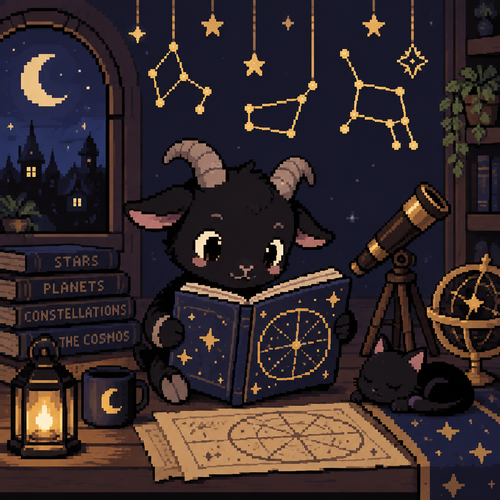 A cute Kawaii, little black goat, reading a star chart beneath hanging constellations