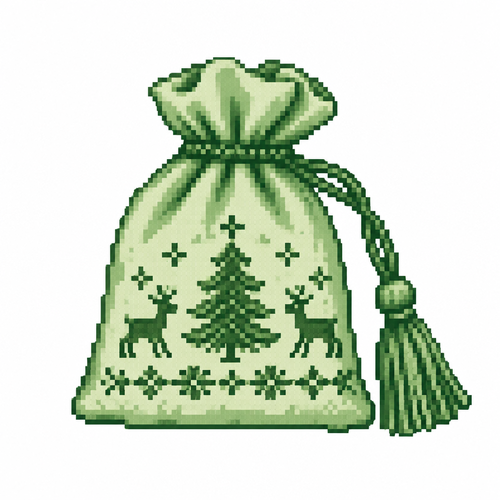 White background. An embroidered Christmas sachet with gathered fabric and a tasseled drawstring.