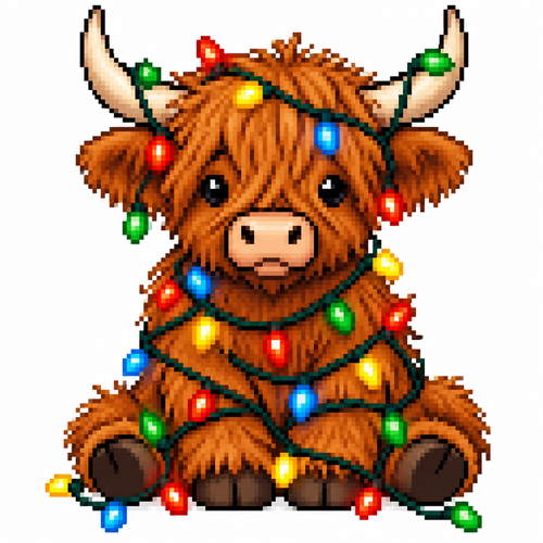 High contrast image on a white background of a cute highland cow sitting wrapped in colorful Christmas lights 