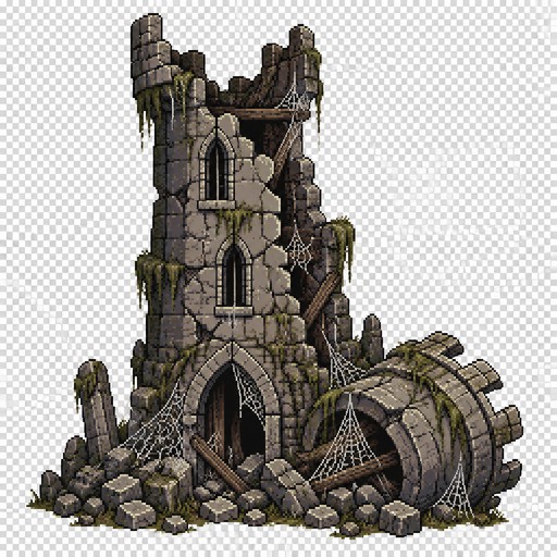 Can you generate me a fantasy style medieval 64x64 pixeled destroyed tower with the top on the ground front view on a completely transparent background. I want the tower to be cracked stone all around and have spider webs all over it.
