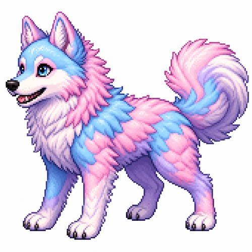 Cartoon cotton candy wolf (quadruped), full body, white background