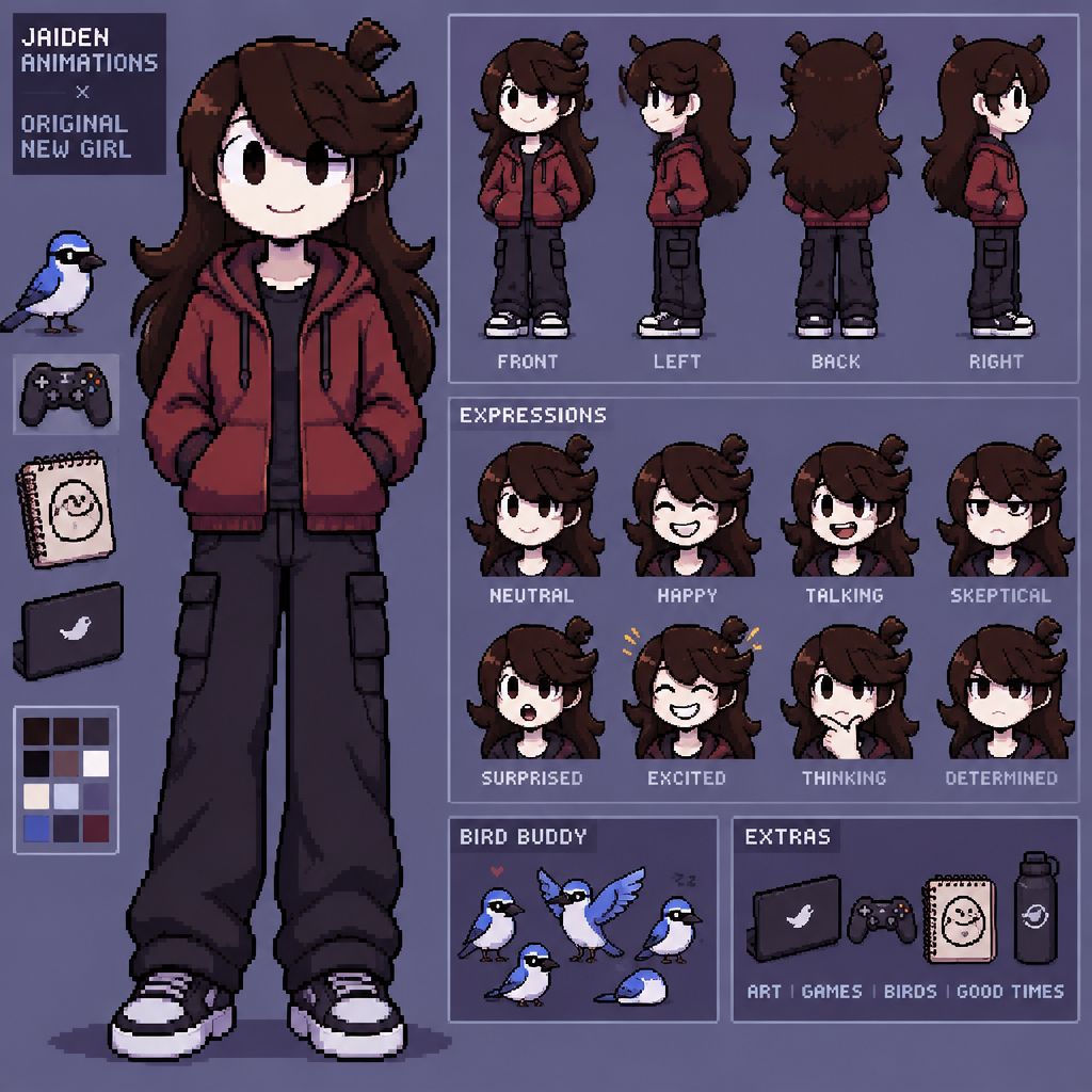 Jaiden animations but with the clothes and hair of the character original new girl original, full body front perspective