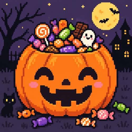 Cute kawaii giant jack-o’-lantern filled with candy 