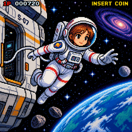 A young girl astronaut floats outsider of her starship