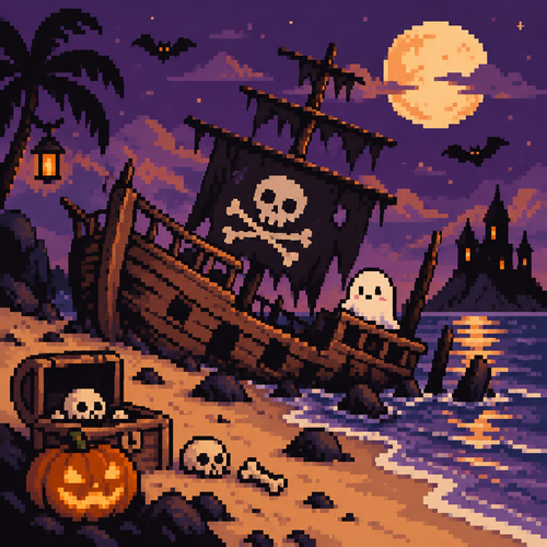 Spooky kawaii shipwreck on a beach Halloween 