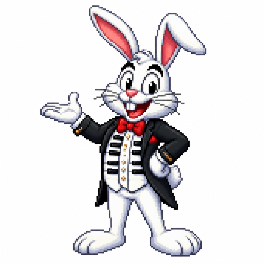Cartoon piano rabbit, full body, white background