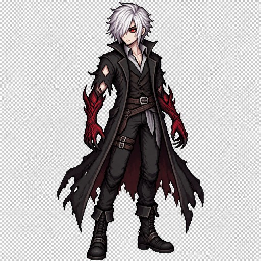 Create a high-quality 128×128 pixel art character sprite for an original dark fantasy JRPG called DEMON BINDER.

Full-body young male protagonist standing in a neutral idle pose, facing forward in a slight three-quarter view.

He has messy, voluminous silver-white hair covering part of his face, one clearly visible glowing crimson-red eye, pale skin, and a calm but ominous expression.

He wears a long, tattered black coat with pointed, ragged hems, dark layered clothing, a black shirt, a light gray V-shaped collar, a dark belt, fitted black trousers, and heavy dark boots.

Both forearms and hands are transformed into deep crimson demonic flesh with blackened claws and subtle organic patterns. The red demonic arms contrast against his black coat.

Dark gothic fantasy aesthetic, strong recognizable silhouette, carefully designed pixel clusters, crisp hard pixel edges, limited color palette, deliberate pixel placement, readable details at native 128×128 resolution.

Use restrained shades of silver, white, charcoal, black, muted gray, skin tones, and deep crimson.

Requirements: transparent background, one character only, full body visible, centered composition, strict pixel art, no anti-aliasing, no blur, no gradients, no smooth digital painting, no 3D rendering, no text, no weapons.