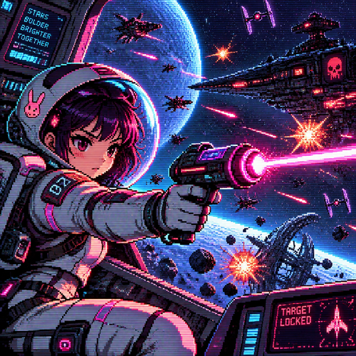 Young girl astronaut in a space battle with Ray gun
