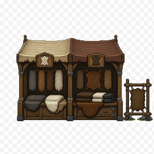 Can you generate me a fantasy style medieval 64x64 pixeled double market stall that sells  furs and hides front view on a completely transparent background. I want there to be no people. I want a small tanning rack on the side. 