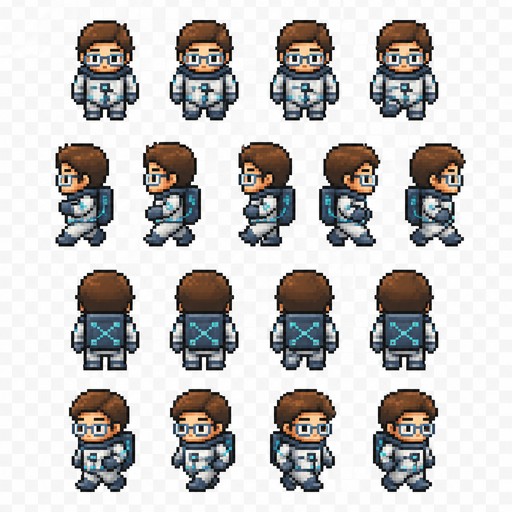Create a 2D pixel art sprite sheet of a short astronaut character.

Style:
-retro pixel art 
-32x32 pixels 
-clean readable silhouette 
-limited colors palette (16-32 colors)
-transparent background 
-no anti-aliasing 
-constant lighting 
-game-ready asset
-suitable for a topdown-quality indie pixel game 

Layout:


front view (facing camera)

Character:
-An network engineer, network specialist
-short legs and a matching torso
-smooth body
-glasses should be transparent
-network themed colors but no official logos
-he should be cute but realistic

Requirements:
-no cropping 
-constant proportions
-transparent background 
-pixel perfect 
-no text
-no ui
-no borders
-no shadows outside the sprite 

Style reference: 
Stardew valley, core keepers,terraria, classic SNES pixel art, high-quality handcrafted sprite sheet.