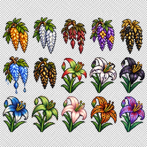 Create a 2D pixel art sprite sheet featuring 15 individual icons each exactly 32x32  pixels, arranged 5 horizontally and 3 vertically spaced evenly. Style: classic fantasy RPG, inspired by 16bit games, with crisp pixel art, clean outlines, subtle shading, and a cohesive color palette. Use a transparent background. Each Icon  should be centered within its 32x32 canvas and remain highly readable at small sizes. 




The 15 icons are: 



1: Wisteria Plant - pineapple texture and colors
2: Wisteria Plant - cloud white
3: Wisteria Plant - Sickly looking red
4: Wisteria Plant - Yellow blobs on purple plant
5: Wisteria Plant - black and gold
6: Wisteria Plant - blue and water dripping down
7: Wisteria Plant - speckled black and orange
8: Lily Plant - red tips on green flowers
9: Lily Plant - white flowers with black stripes
10: Lily Plant - black with sparkles
11: Lily Plant - blue flower and white tips
12: Lily Plant - green flower with cacti spikes down edges 
13: Lily Plant - pale colored pink
14: Lily Plant - orange and black tiger pattern
15: Lily Plant - purple flowers and red spots




Requirements: 
	•	Each icon must be exactly 32x32 pixels.
  • All based off of real life variants.
   • All facing sideways so you see the side of their bodies.
	•	Output as a sprite sheet with each icon occupying its own 32x32 cell** DO NOT GO OUT PAST THESE PARAMETERs**
	•	Transparent background.
	•	No text, labels, borders, or UI elements.
	•	Consistent Fantasy RPG Aesthetic across all icons.
	•	High contrast and excellent readability for use in a game interface.
	•	Clean polished pixel art with enough detail for low resolution sprites.
	•	Avoid anti-aliasing, blurring, or painterly effects; preserve a true pixel art appearance.