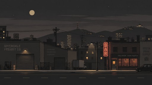- use a warm grey color palette
- show a street scene, flat perspective (the road is only running horizontally)
- night time
- show a city street with some rolling hills visible in the background
- some warehouses, and a bar with a neon sign