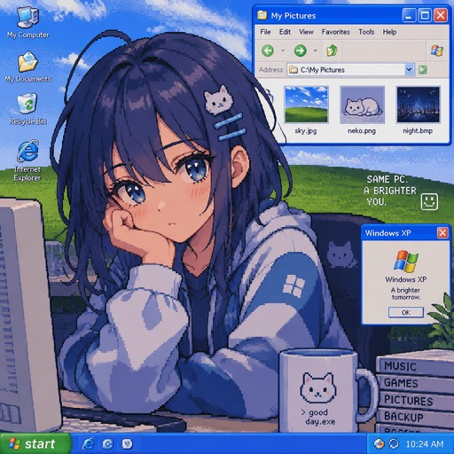 a character with window XP element on background