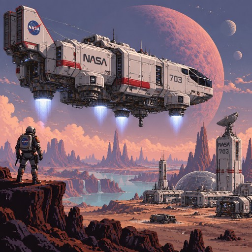 Futuristic NASA-Punk dropship hovering above the terrain