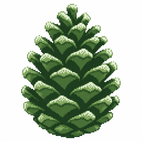 A large pinecone with frost resting only on the tips of its scales. White background.