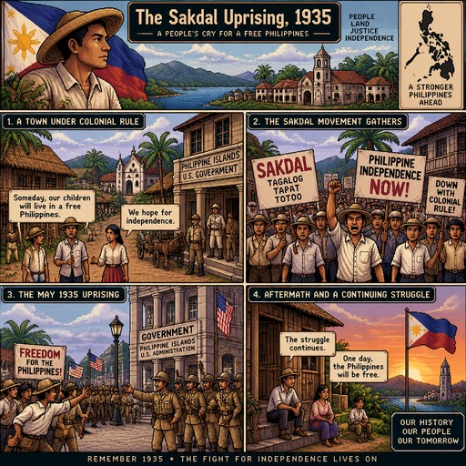 Create a historically inspired 2D pixel-art animation about the Sakdal Uprising in the Philippines in May 1935. Use a retro 16-bit video game aesthetic, visible square pixels, detailed Filipino characters, and historically appropriate clothing and buildings from the 1930s.

Scene 1: Show a small Philippine town during the American colonial period, with traditional houses, dirt roads, and Filipino citizens discussing their hopes for independence.

Scene 2: Show members and supporters of the Sakdal movement gathering in the streets, holding simple signs and expressing their demand for immediate Philippine independence and their frustration with colonial rule.

Scene 3: Depict the May 1935 uprising in a historically respectful way, with groups of protesters and authorities facing each other. Show tension and confusion without graphic violence.

Scene 4: Show the aftermath, with citizens returning to their homes and reflecting on the event. End with the Philippine flag waving in the wind, symbolizing the continuing struggle for independence.

Style: Consistent pixel-art characters, smooth frame-by-frame movement, limited retro color palette, cinematic 2D side-scrolling camera, subtle background animation, and clear scene transitions. Educational and historically grounded, suitable for a high-school history project. No modern buildings, no modern clothing, no 3D graphics, no exaggerated fantasy elements, and no invented historical dialogue. Add the title “The Sakdal Uprising, 1935” at the beginning.