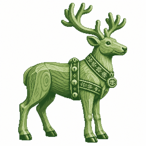 White background. Realistic wooden reindeer sculpture with polished grain and a carved festive harness.