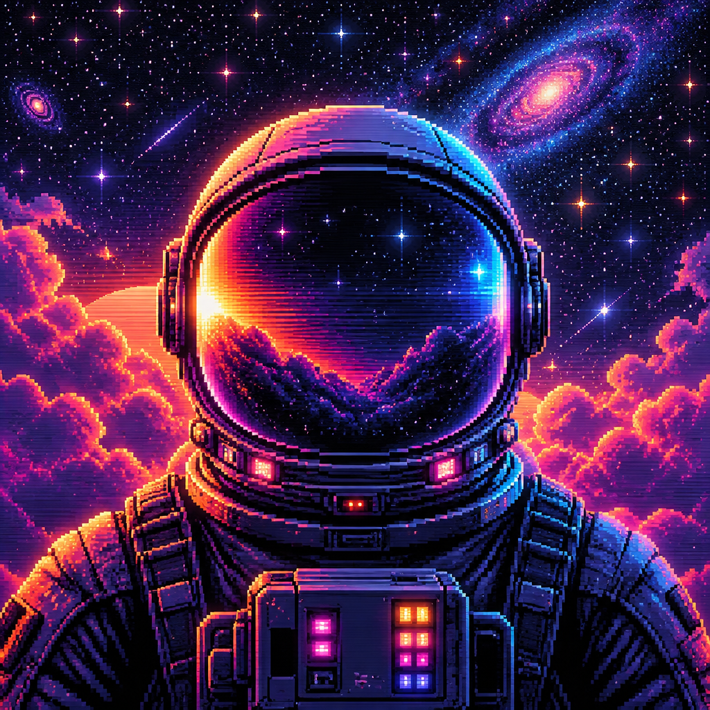 Face on view of a faceless astronaut with a bubble helmet in front of clouds and stars. Colors are orange, pinks, blues and purples add more stars in background
