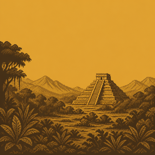 flat matte illustration, midday heat haze over a Mesoamerican step-pyramid in a green earth 
valley, strictly limited color palette (2-3 tones maximum): mustard and espresso brown only,
no other hues, lush earth foreground, no water, empty of people and animals, large open
sky, no text