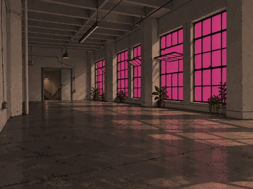 Pixel art of an empty industrial room with bright pink windows and potted plants