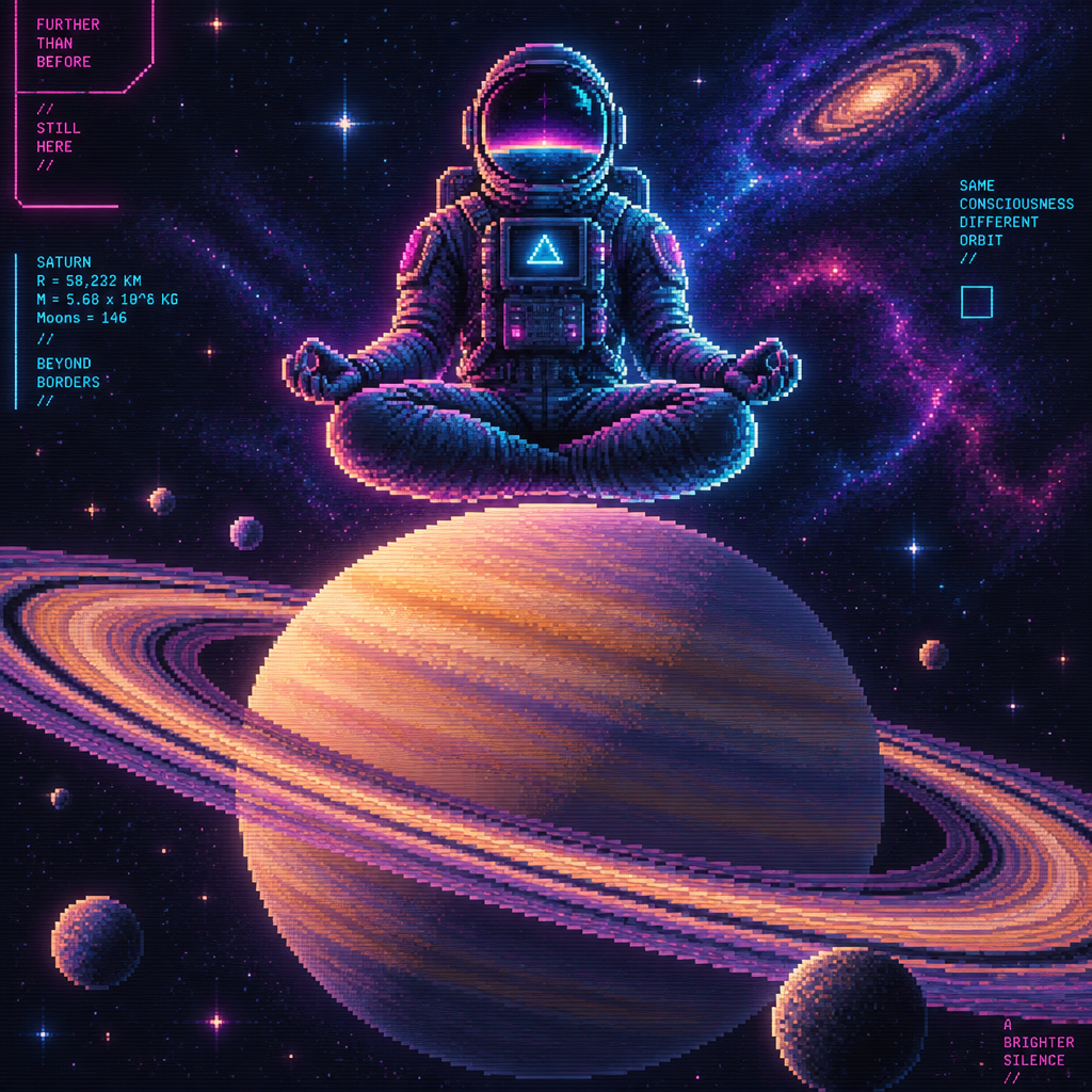 Astronaut sits in lotus position above saturn