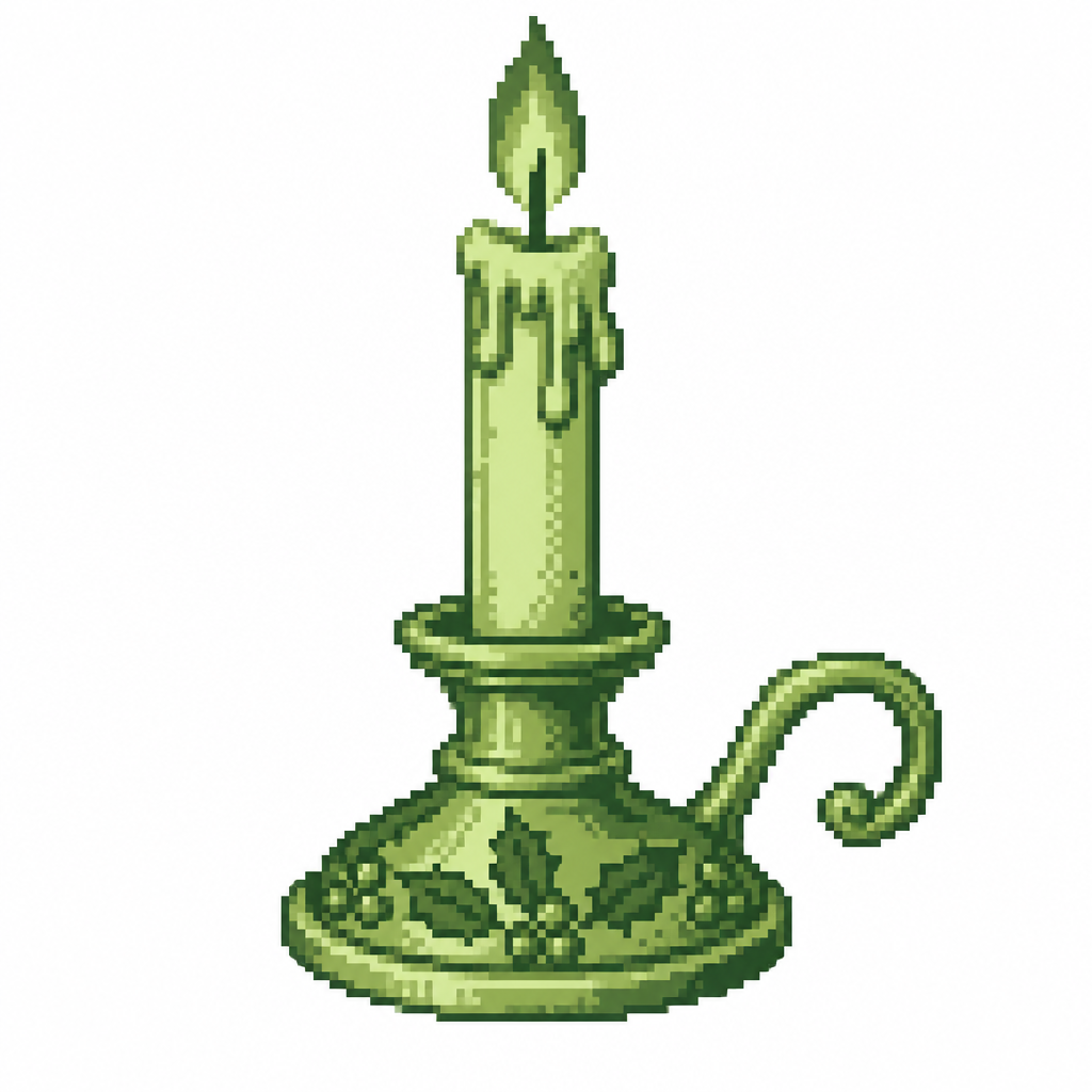 A candle in an engraved brass holder with holly relief around the base. White background