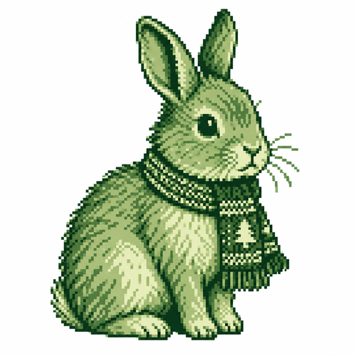 A rabbit with detailed fur wearing a small knitted Christmas scarf. White background.