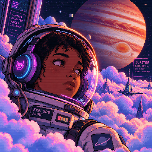 Make a close up image of a young teen astronaut with brown skin and headphones surrounded by lots of clouds with jupiter in the background 