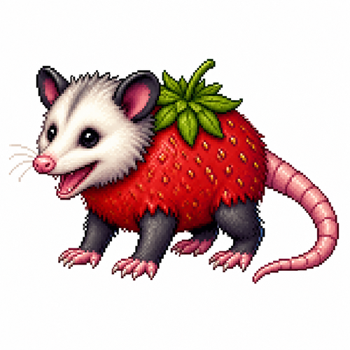 Cartoon strawberry opossum, full body, white background