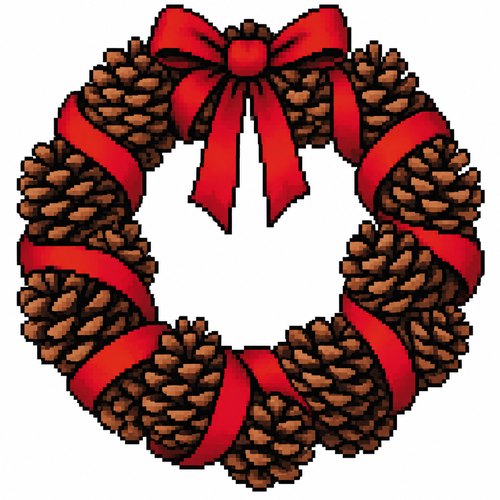 High contrast image on a white background of a pinecone wreath with sharpie, defined scales, and woven ribbon
