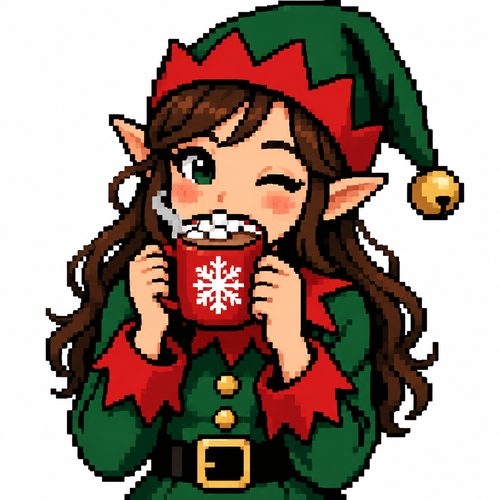 High contrast image of a girl Christmas elf drinking hot cocoa. White background 