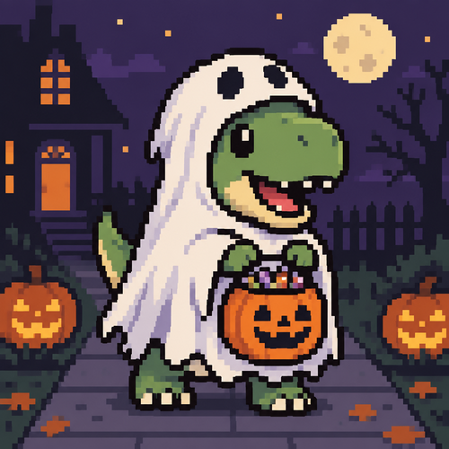 Cute kawaii trex in a ghost costume holding a Halloween bucket filled with candy 
 