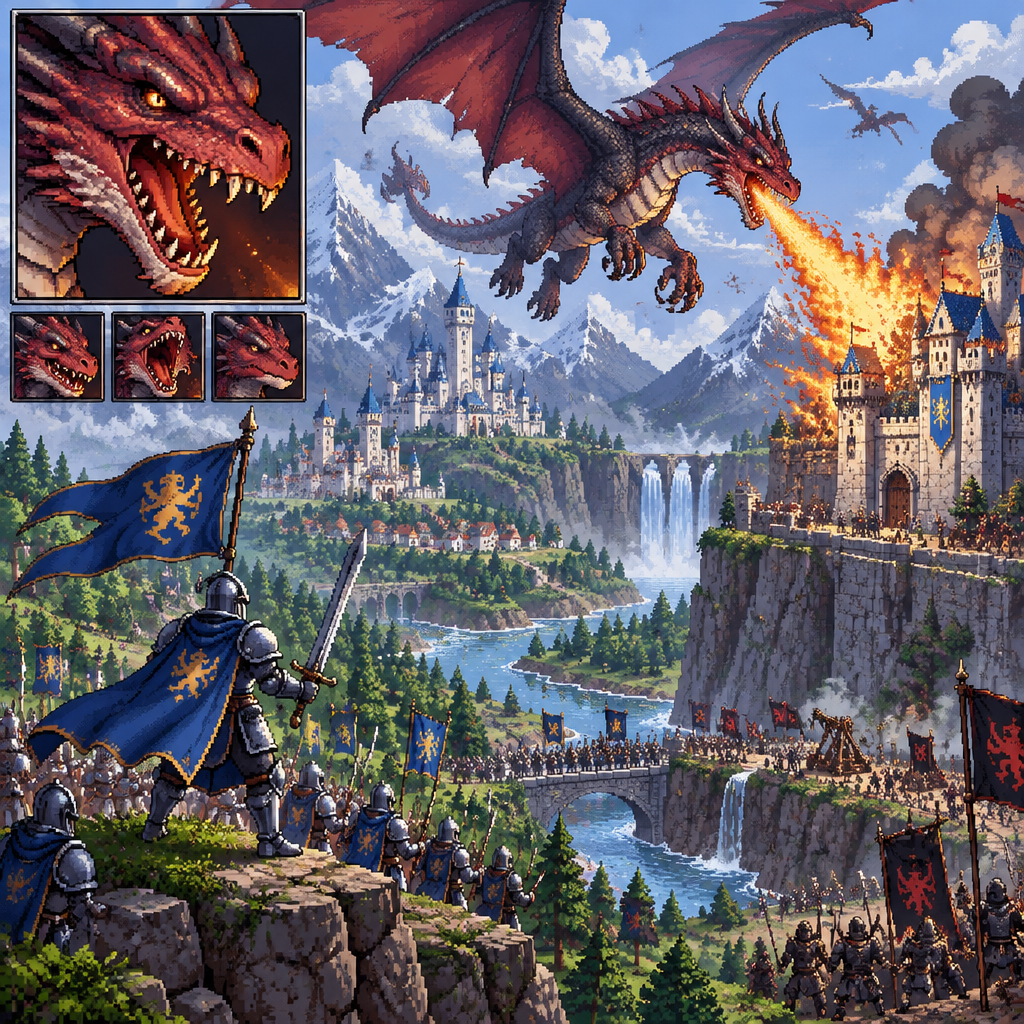 Dragon, flying on the sky, fire bolt, moutains, forest, river, waterfall, castles, kingdom, cliff, army, knight, flag, war