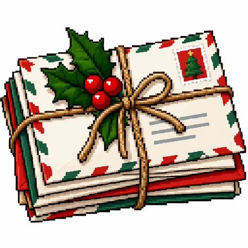 A bundle of Xmas letters tied with twine and an attached holly sprig. White background. High contrast 