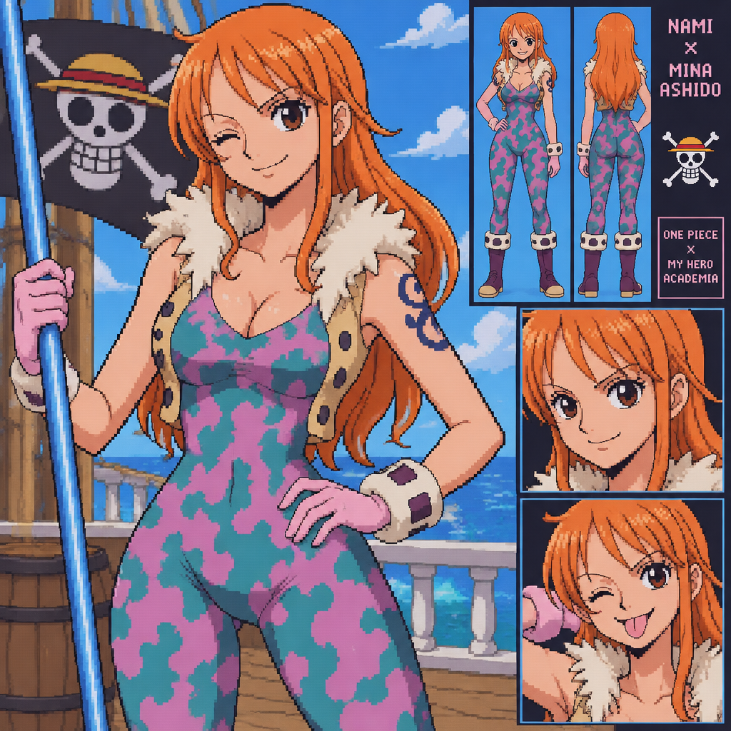 Nami de one piece con la ropa Mina ashido de la serie de boku no heroe