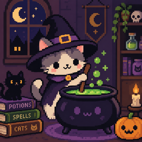 Cute kawaii witch kitty stirring her cauldron 