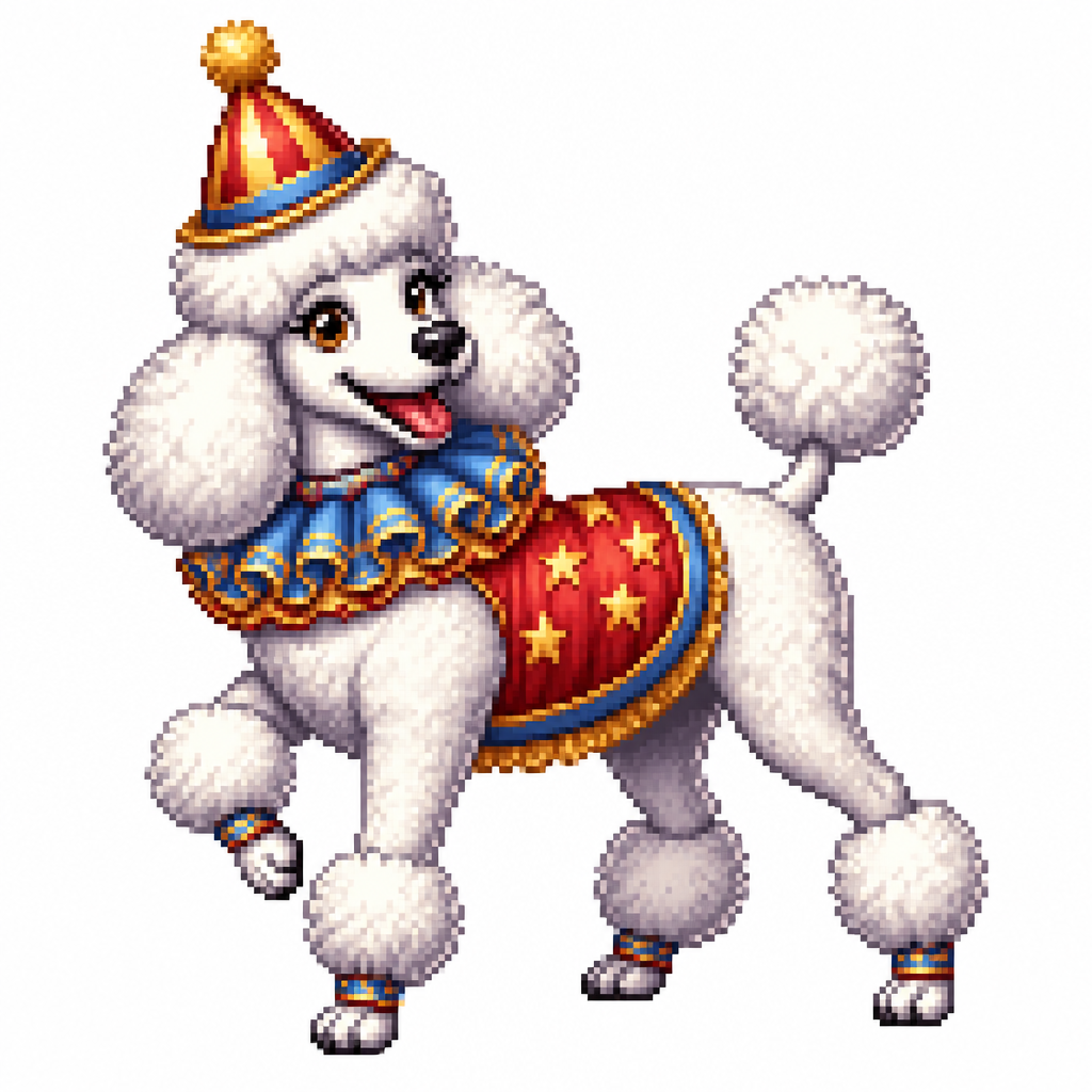 Cartoon circus poodle, full body, white background