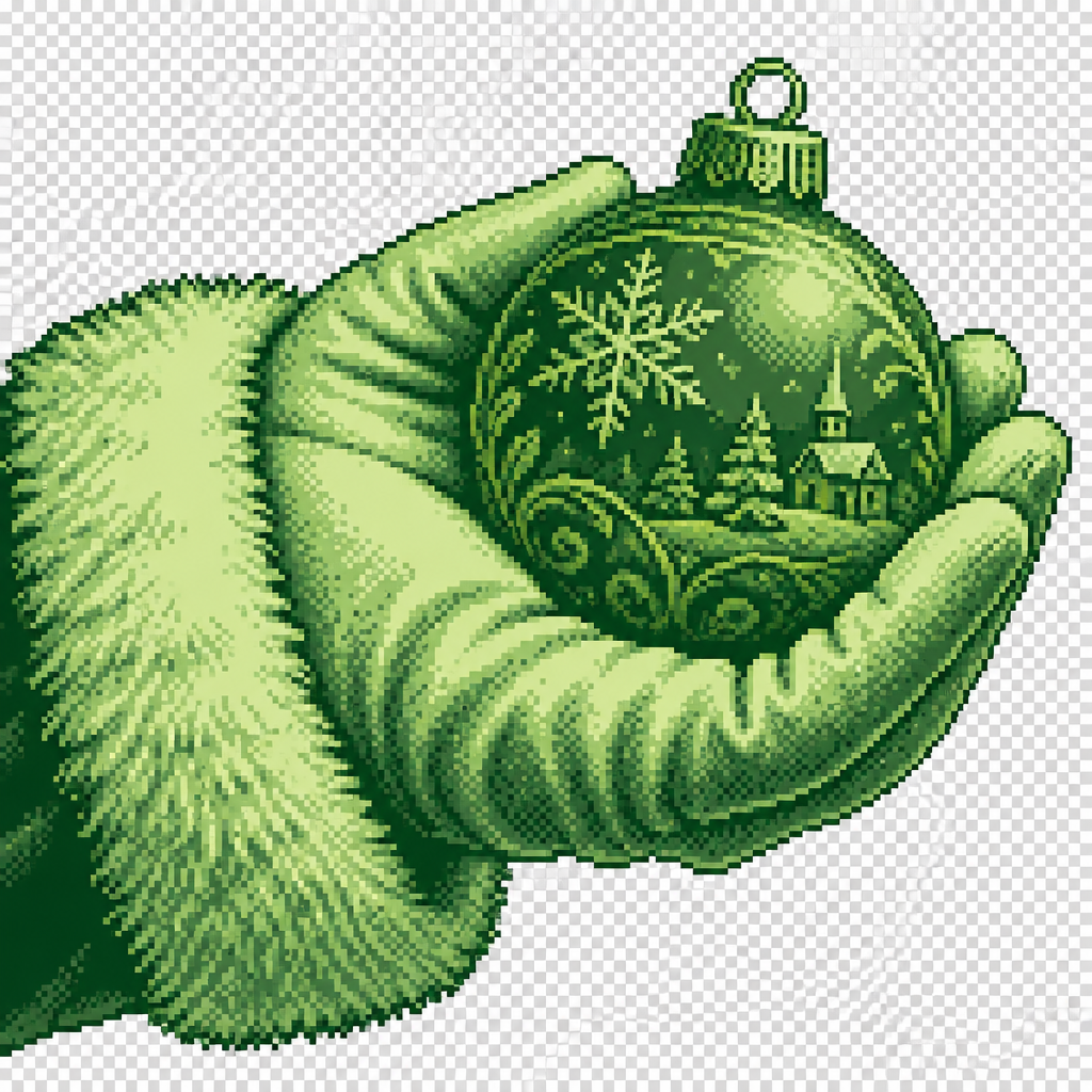 photorealistic close-up of Santa’s gloved hand cradling one engraved Christmas bauble. No background
