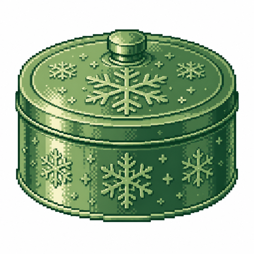 White background. A lidded Christmas biscuit tin with embossed snowflakes and realistic metal texture.