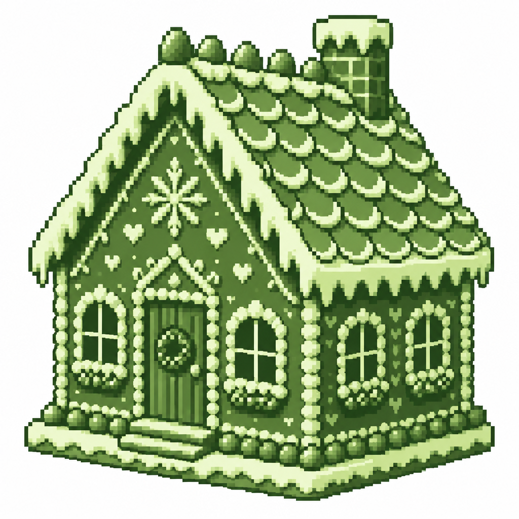 A royal-iced gingerbread house with detailed roof tiles and piped window frames. White background