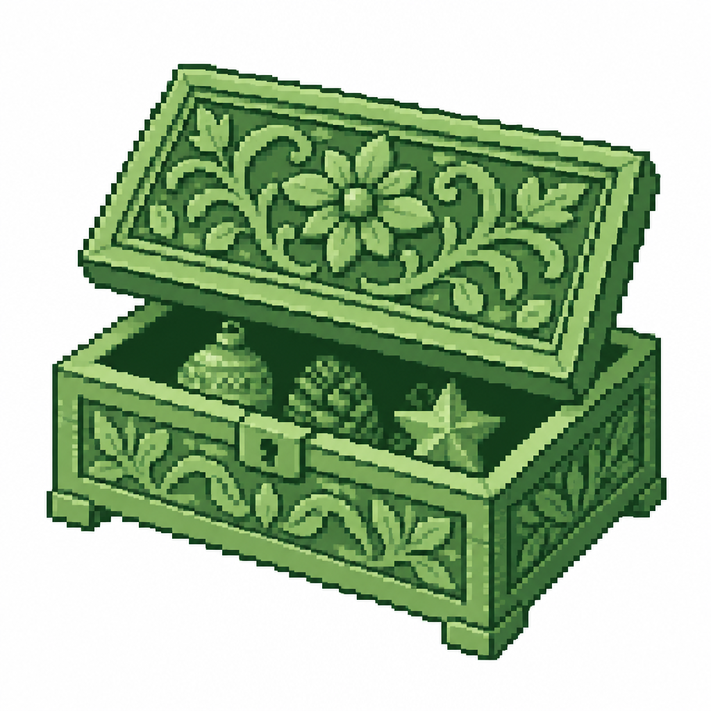 White background. A carved wooden ornament storage box with its decorated lid partially open.