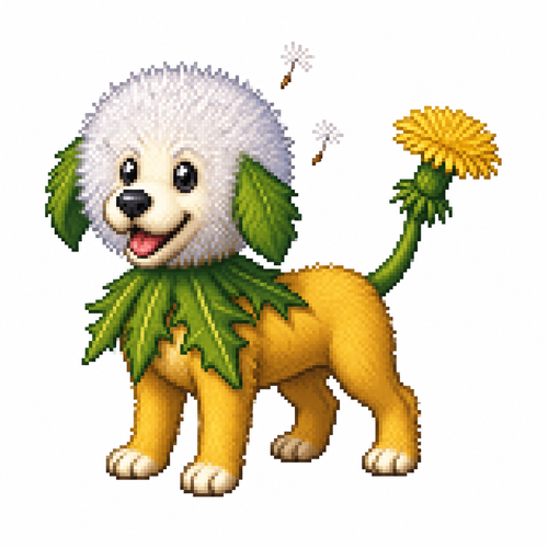Cartoon dandelion dog, full body, white background