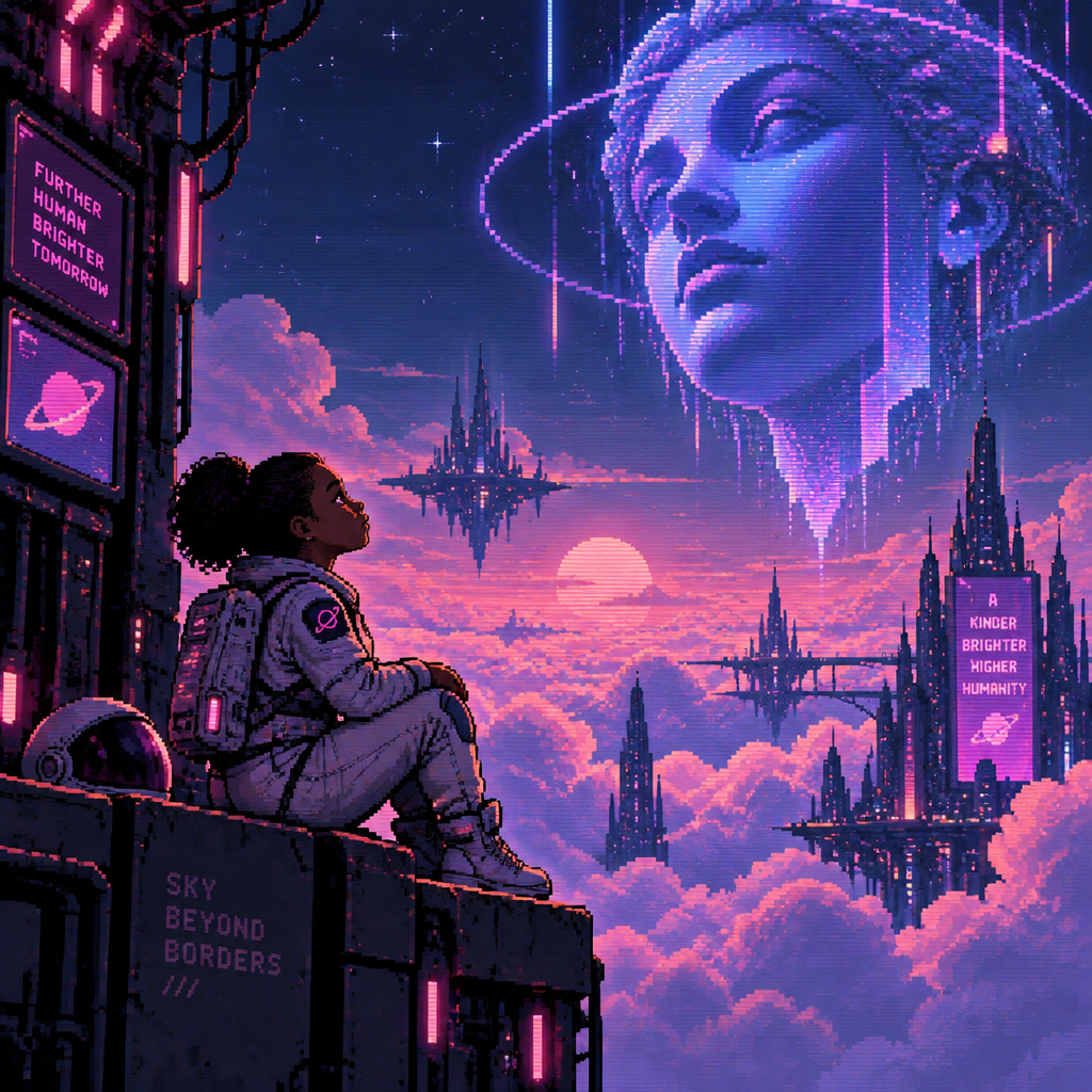 A young girl astronaut with dark skin sitting looks up at a floating head statue high above the clouds
