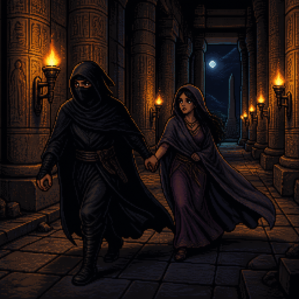 ancient stone temple corridor at night, rows of lit torches lining the walls, hieroglyph-carved columns, man in a long black hooded cloak with a simple black cloth face wrap, only his eyes visible, leading a woman by the hand through the corridor, her cloak trailing behind her, deep shadows and warm flickering torchlight against cool stone tones, sense of secrecy and quiet urgency, 16-bit pixel art, dithered shading, limited color palette, hard pixel edges, retro game aesthetic, cinematic framing