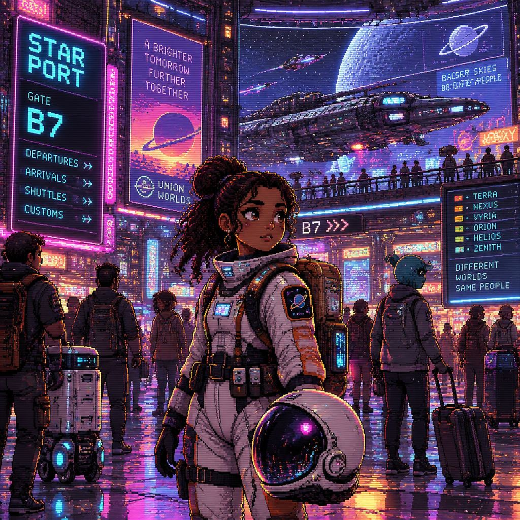 Please show a young astronaut girl with brown skin standing in the middle of a busy futuristic star port