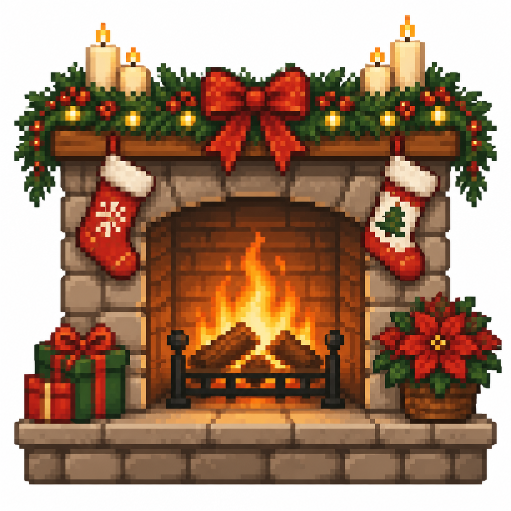 Close up of fireplace decorated for Christmas. White background